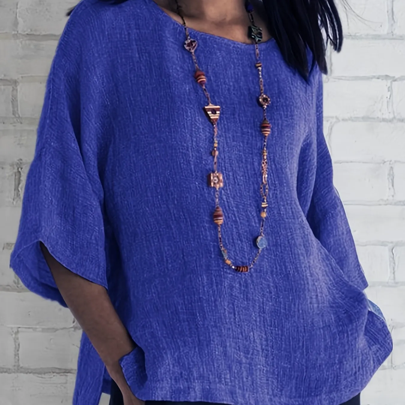 Crew Neck Loose Blouses, Casual Solid Color 3/4 Sleeve Summer Shirts Tops, Women's Clothing