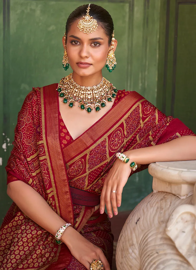 Crimson Red Printed Brasso Silk Saree
