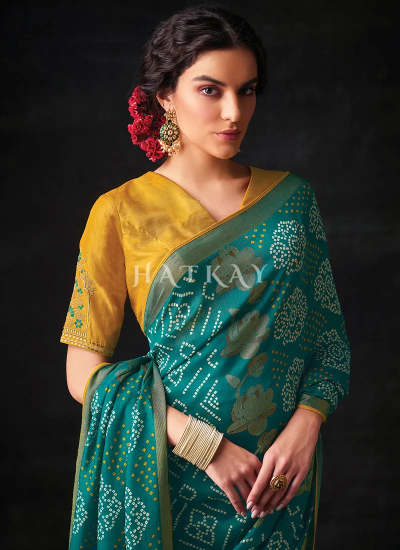 Dark Green And Yellow Embroidered Festive Saree