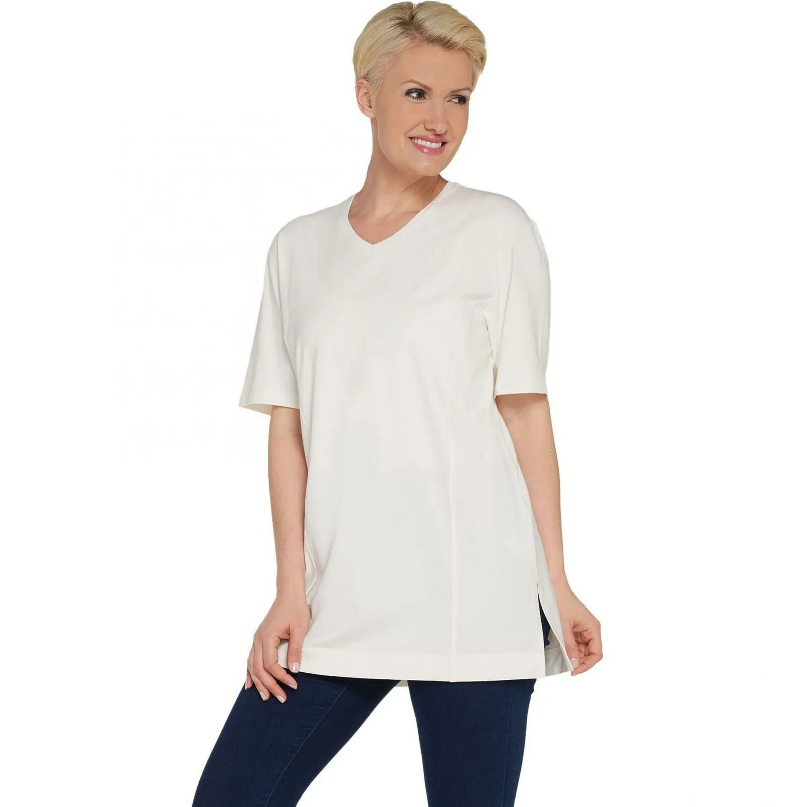 Denim & Co. Essentials Women's Oversized Princess Seams Knit Top Natural Medium