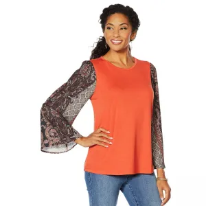 DG2 by Diane Gilman Women's Mixed Media Printed Sleeve Solid Top