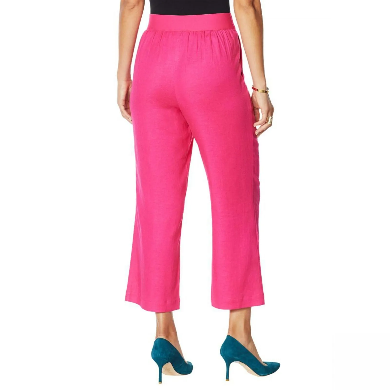 DG2 by Diane Gilman Women's Plus Size Stretch Linen Blend Crop Pants