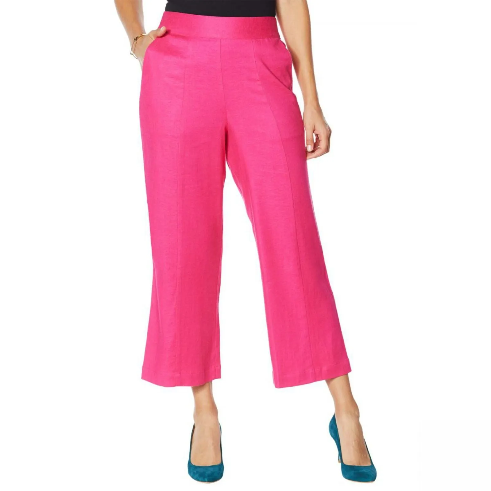 DG2 by Diane Gilman Women's Plus Size Stretch Linen Blend Crop Pants