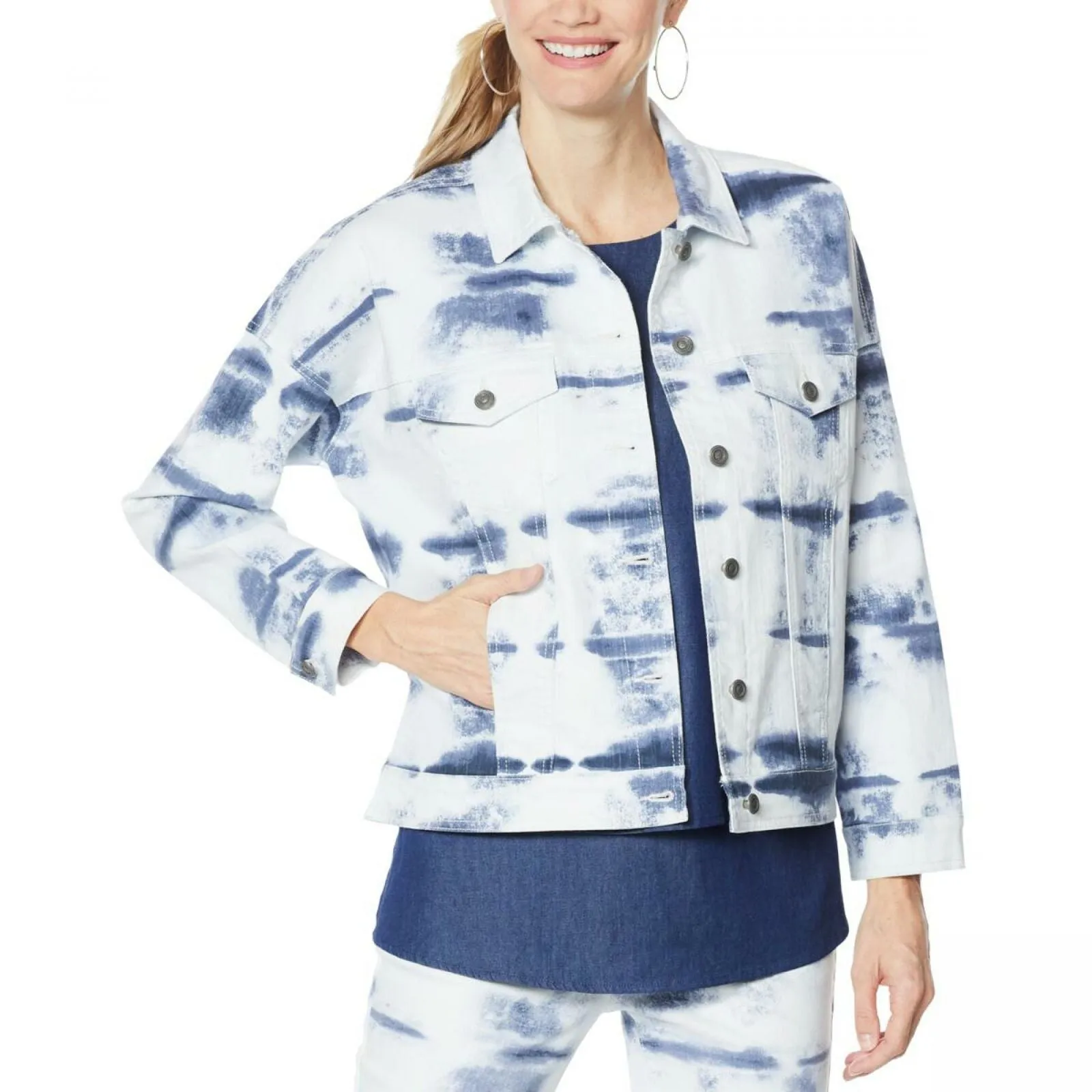 DG2 by Diane Gilman Women's Tie Dye Printed Boxy Jacket Navy Small