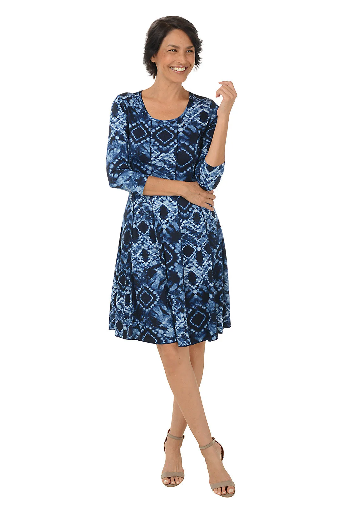 Diamond Tie-Dye Seamed 3/4 Sleeve Dress