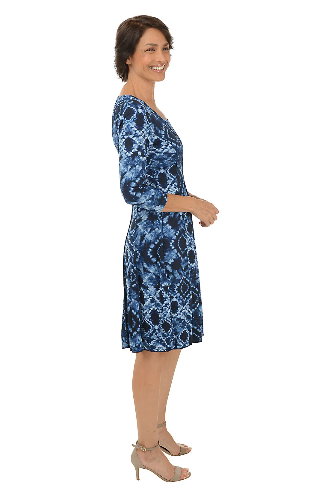 Diamond Tie-Dye Seamed 3/4 Sleeve Dress