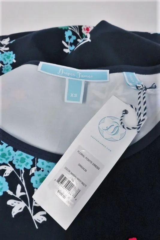 Draper James Floral Ponte A-Line Dress Navy Stretch Jersey Size Extra Small NEW