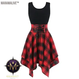 Dress For Woman Elegant Lace Up Party Dresses Women Summer Preppy Cross Up Plaid Mini Holiday Gothic Clothing Sundress Vestidos