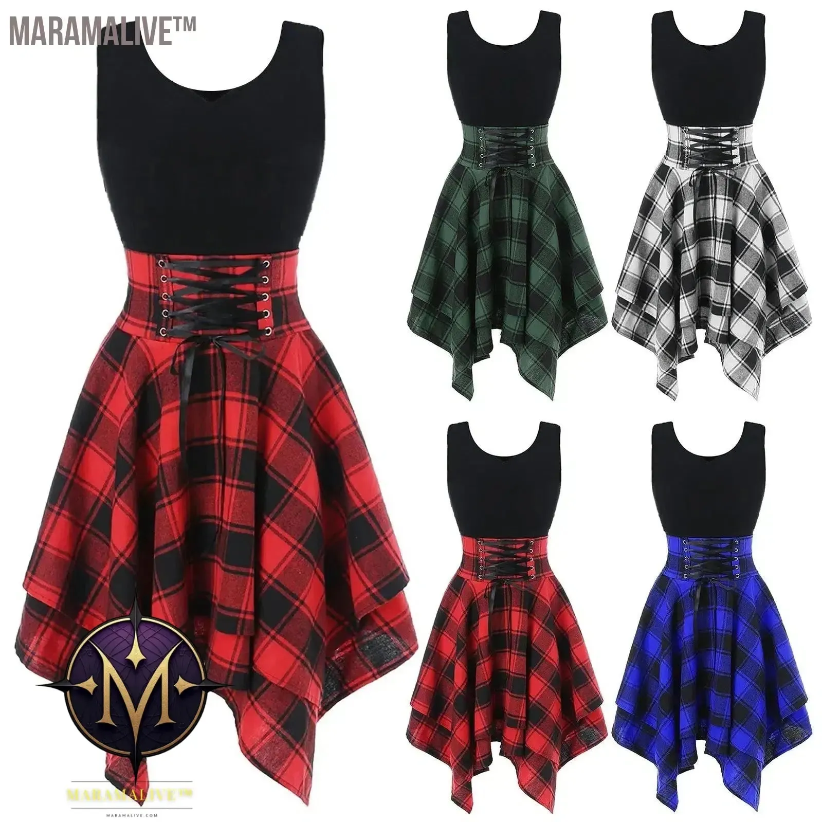 Dress For Woman Elegant Lace Up Party Dresses Women Summer Preppy Cross Up Plaid Mini Holiday Gothic Clothing Sundress Vestidos