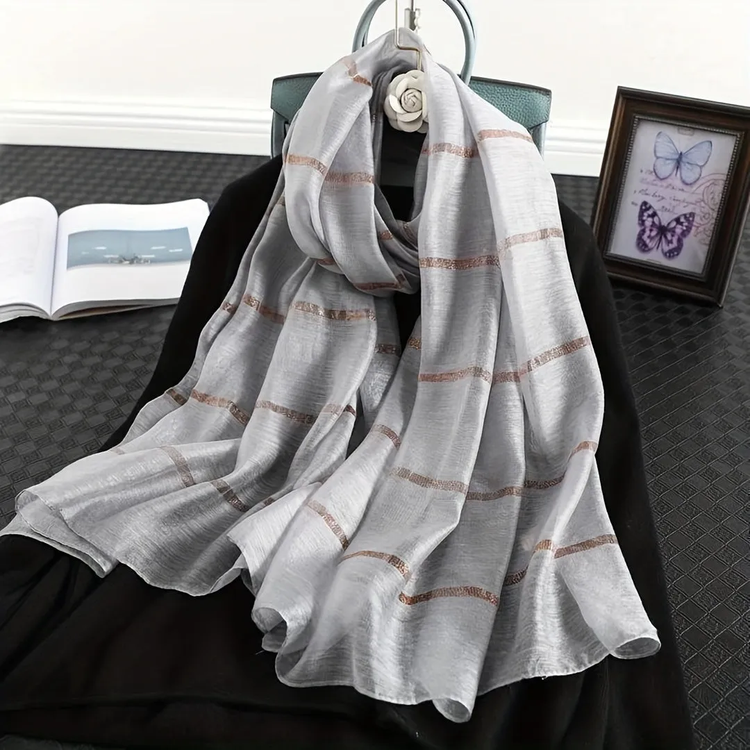 Elegant Wool Silk Blend Striped Scarf for Women - 60% Wool 40% Silk Weave, Inelastic, Decorative Warm Shawl, Windproof, No Feathers, Mature Style Scarves
