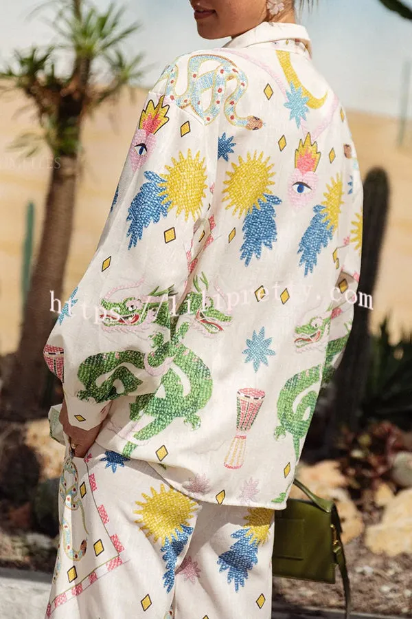 Embrace Magic Linen Blend Unique Print Button Down Oversized Blouse