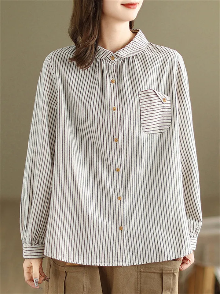 Female Popular Cotton Linen Button Up Pocket Striped Shirts