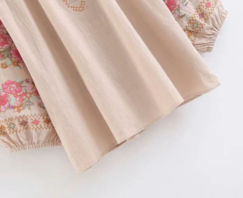 Floral Embroidery Linen Cotton Blouse