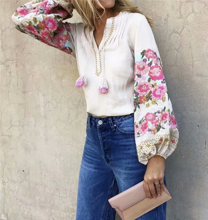 Floral Embroidery Linen Cotton Blouse