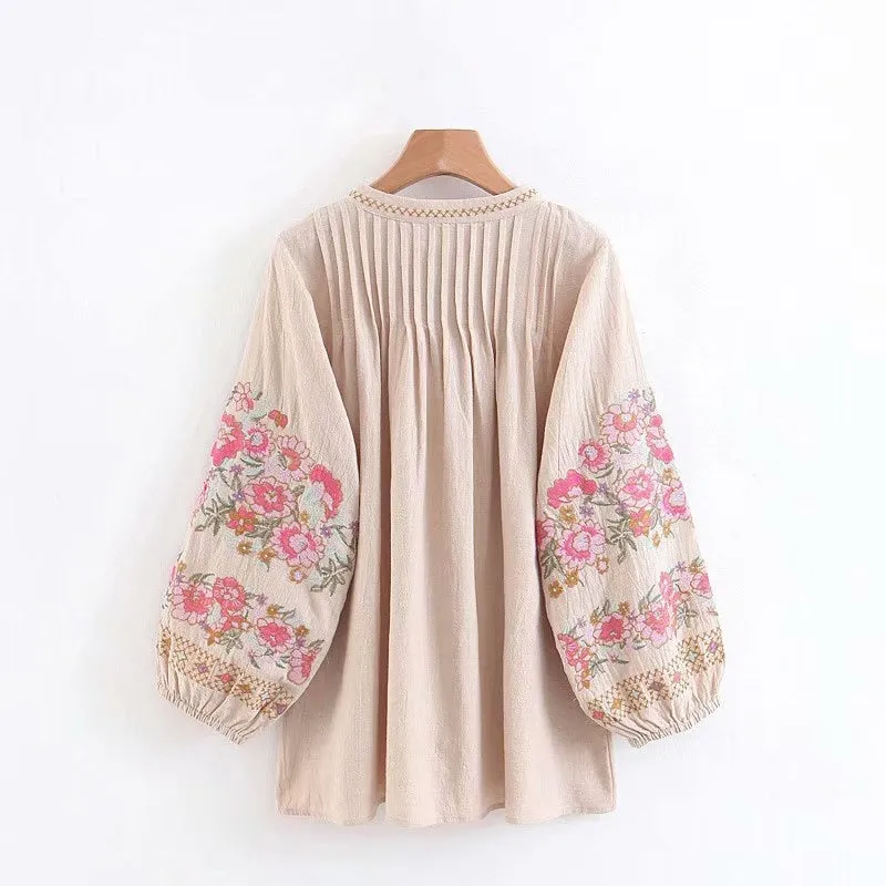 Floral Embroidery Linen Cotton Blouse