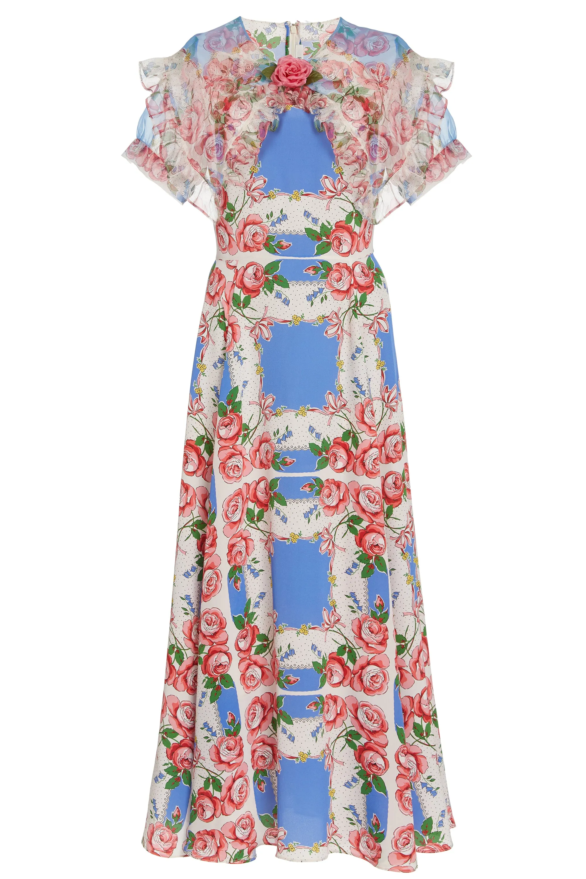 Floral Printed Silk Dress With Ruffle Collar