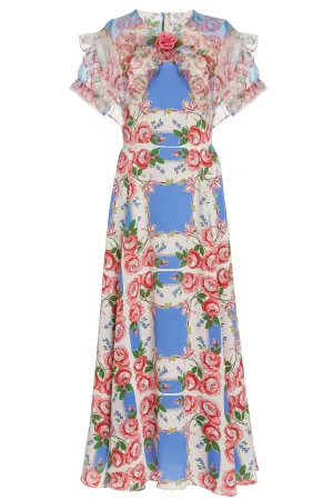 Floral Printed Silk Dress With Ruffle Collar