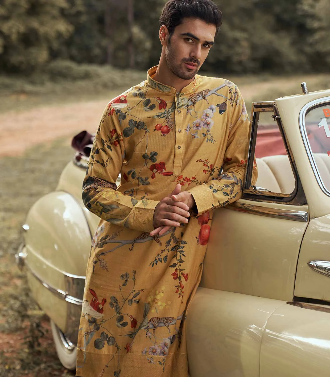 FLORAL PRINTED SILK KURTA SET