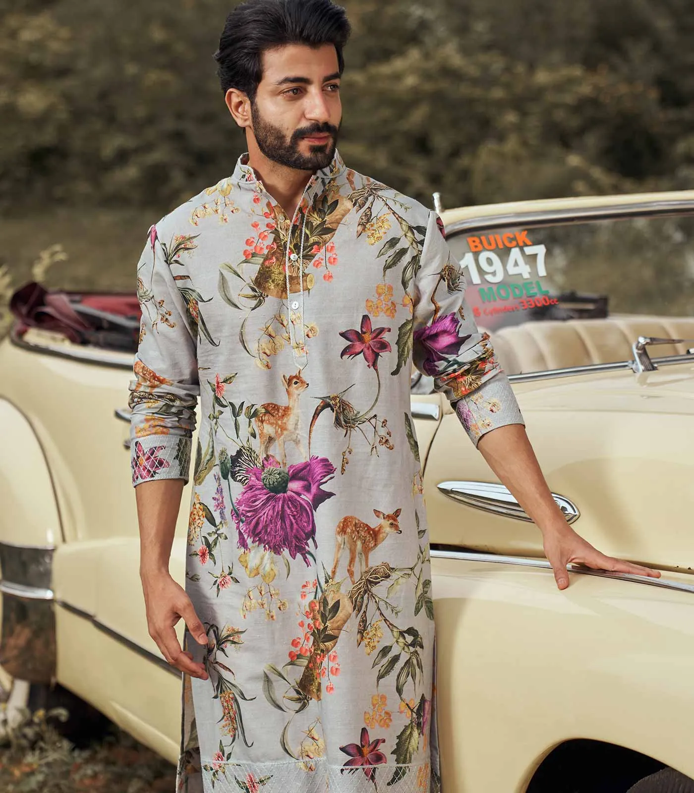 FLORAL PRINTED SILK KURTA SET