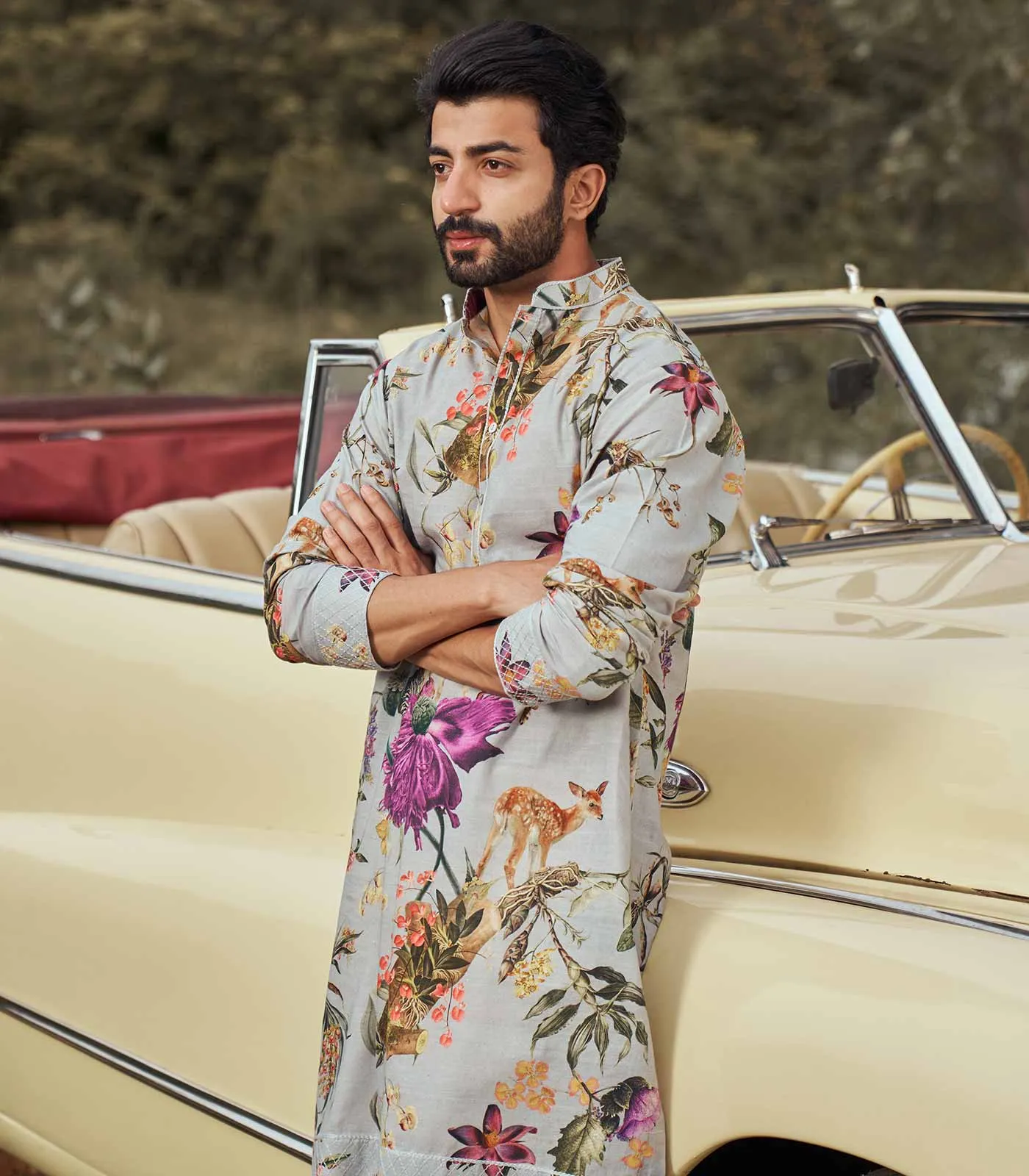 FLORAL PRINTED SILK KURTA SET