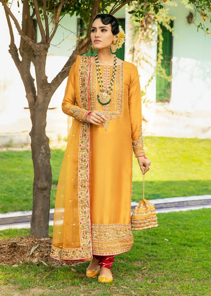 Golden Plain Raw Silk Suits for Pakistani Wedding Wear