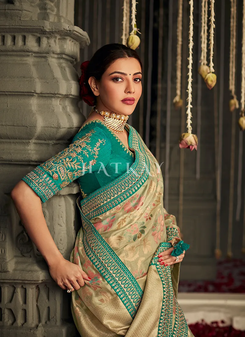 Green And Golden Embroidered Banarasi Silk Saree
