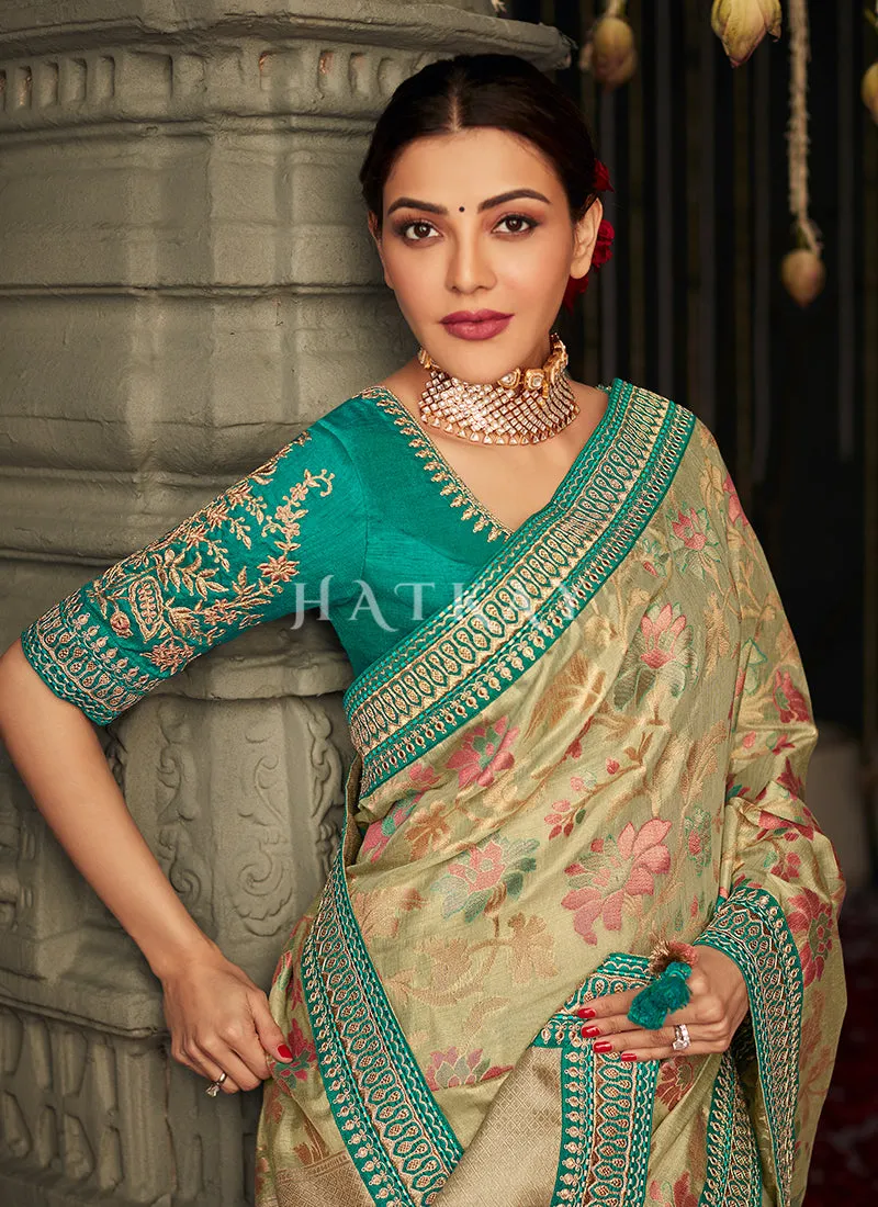 Green And Golden Embroidered Banarasi Silk Saree