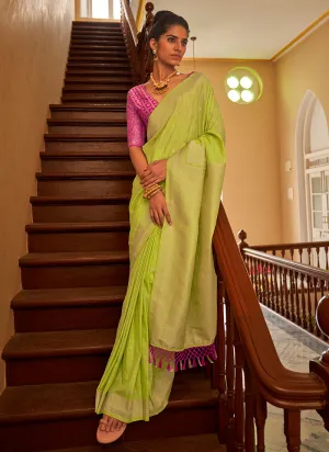 Green And Pink Weaved Crape Silk Saree