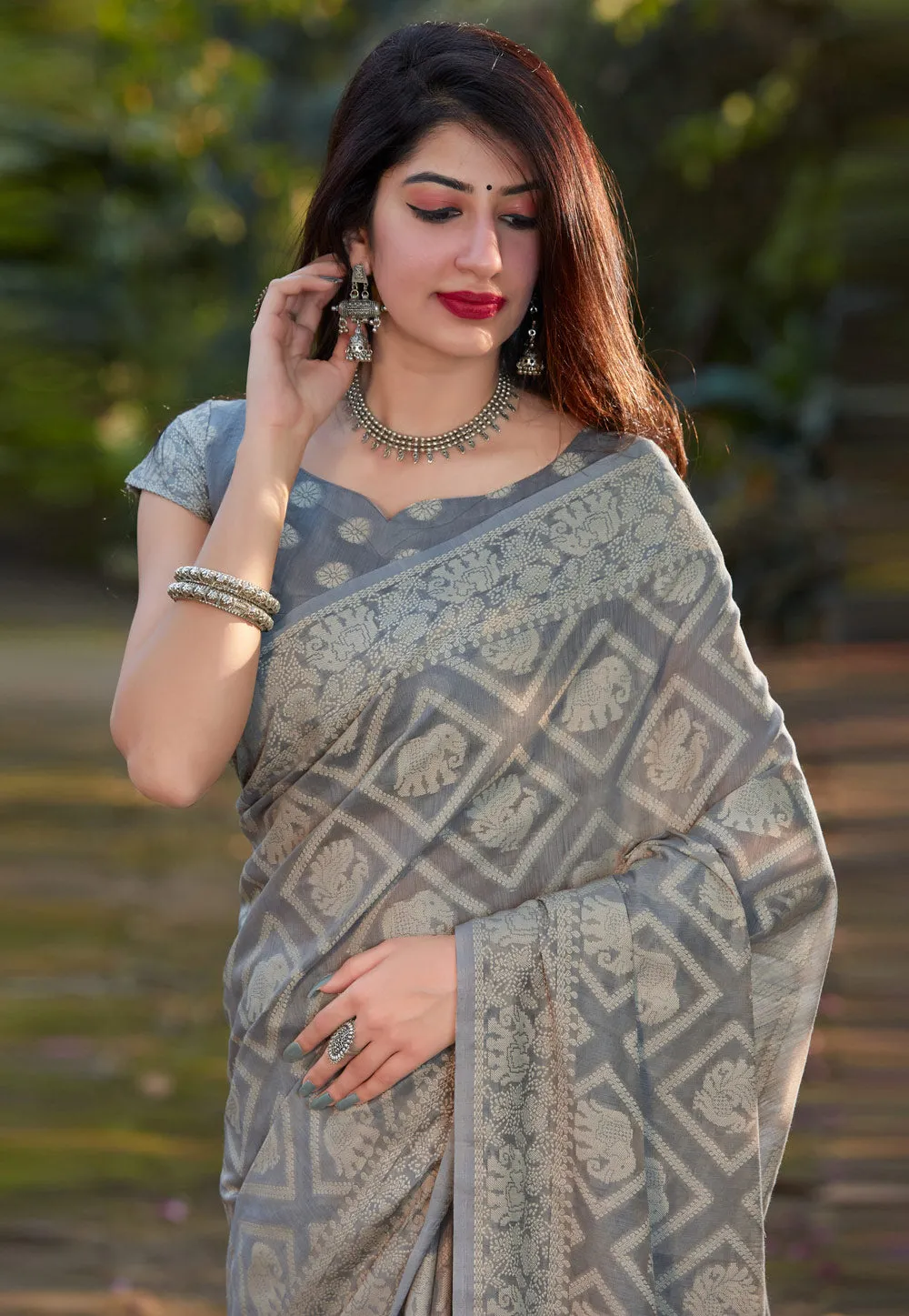 Grey Printed Silk Saree