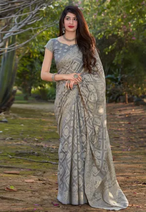 Grey Printed Silk Saree