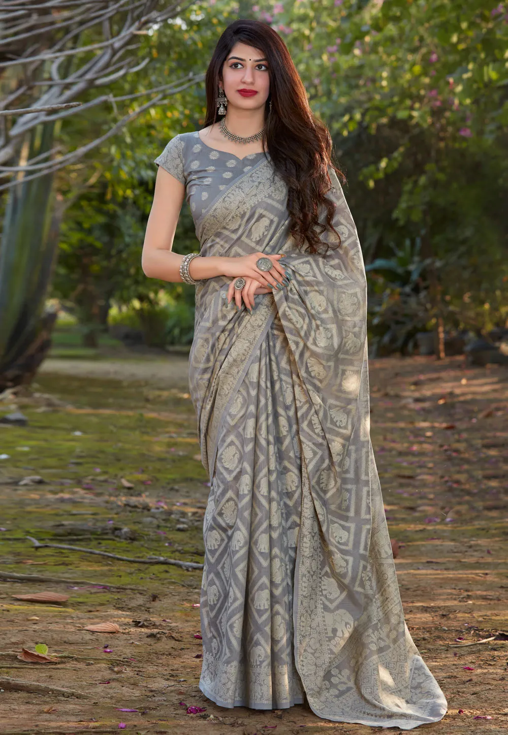 Grey Printed Silk Saree