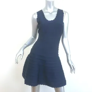 Herve Leger Jules Scalloped Edge A-Line Bandage Dress Navy Size Medium