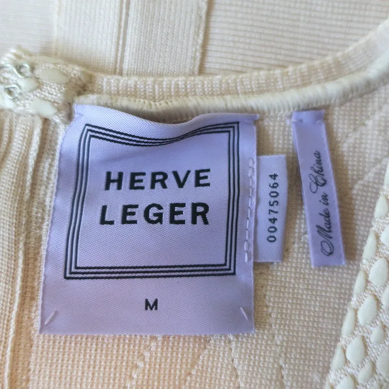 Herve Leger Sofie Crochet & Snake Print Paneled Bandage Dress Cream Size Medium