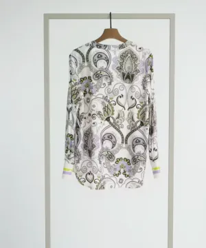 Herzen's Angelegenheit Floral Paisley Lilac Lime Green Striped Cuff Silk Blouse