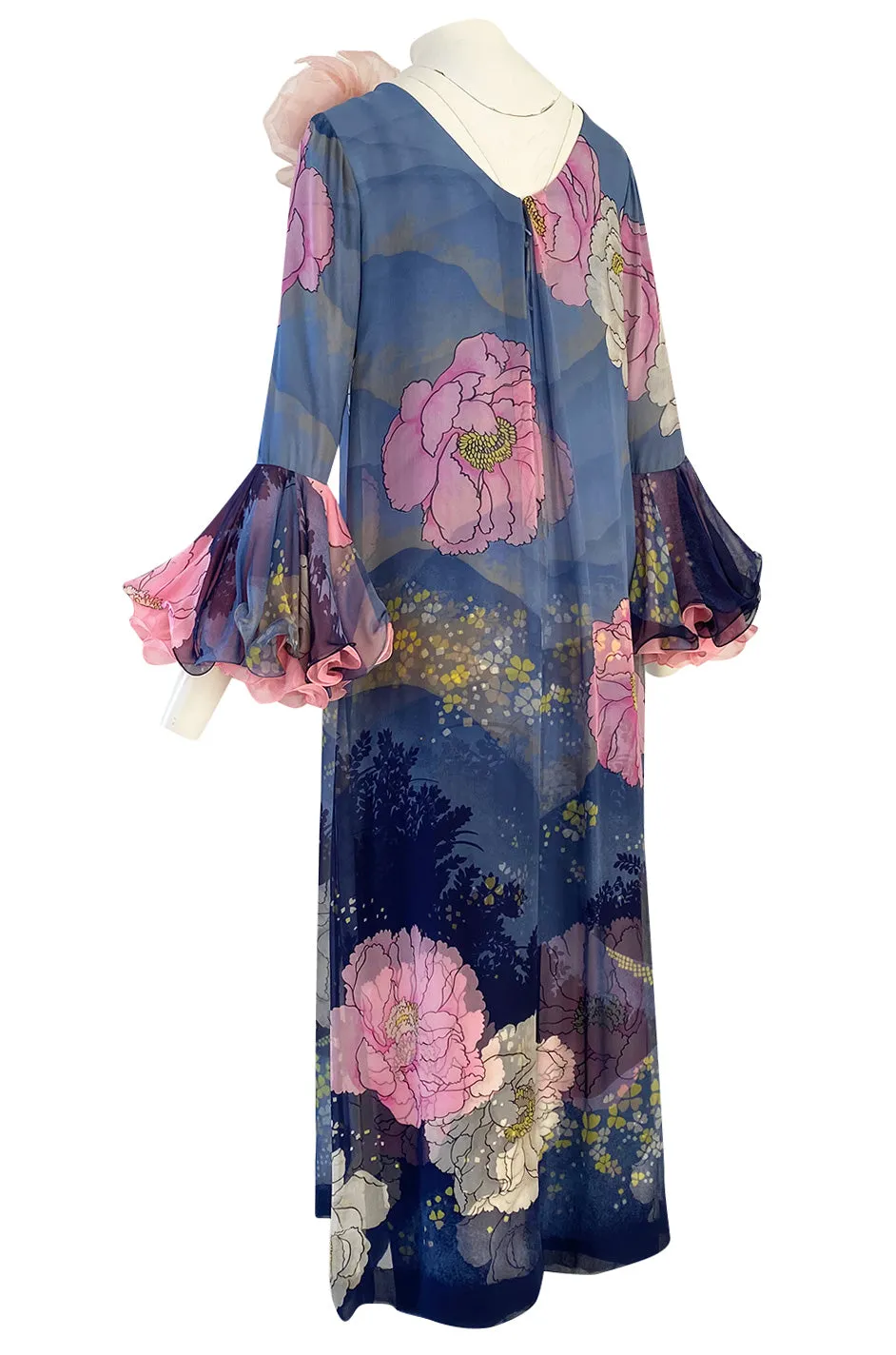 Incredible 1970s Hanae Mori Flower Print Dress w Original Flower Pin & Stunning Sleeves