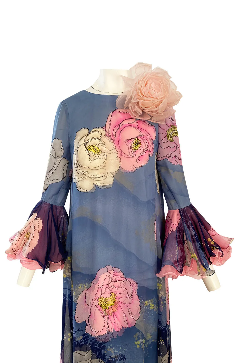 Incredible 1970s Hanae Mori Flower Print Dress w Original Flower Pin & Stunning Sleeves