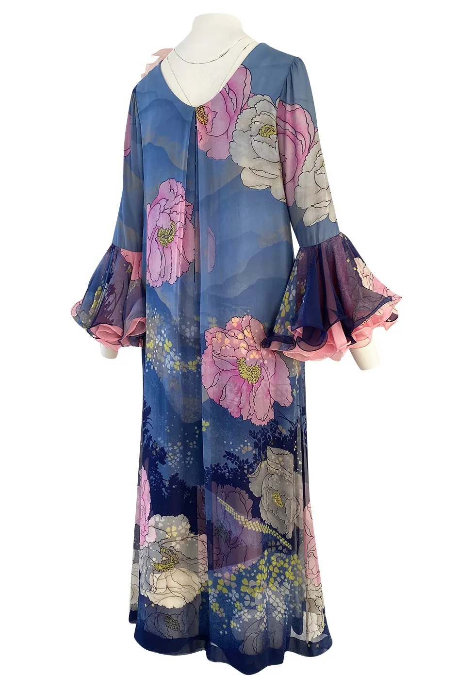 Incredible 1970s Hanae Mori Flower Print Dress w Original Flower Pin & Stunning Sleeves