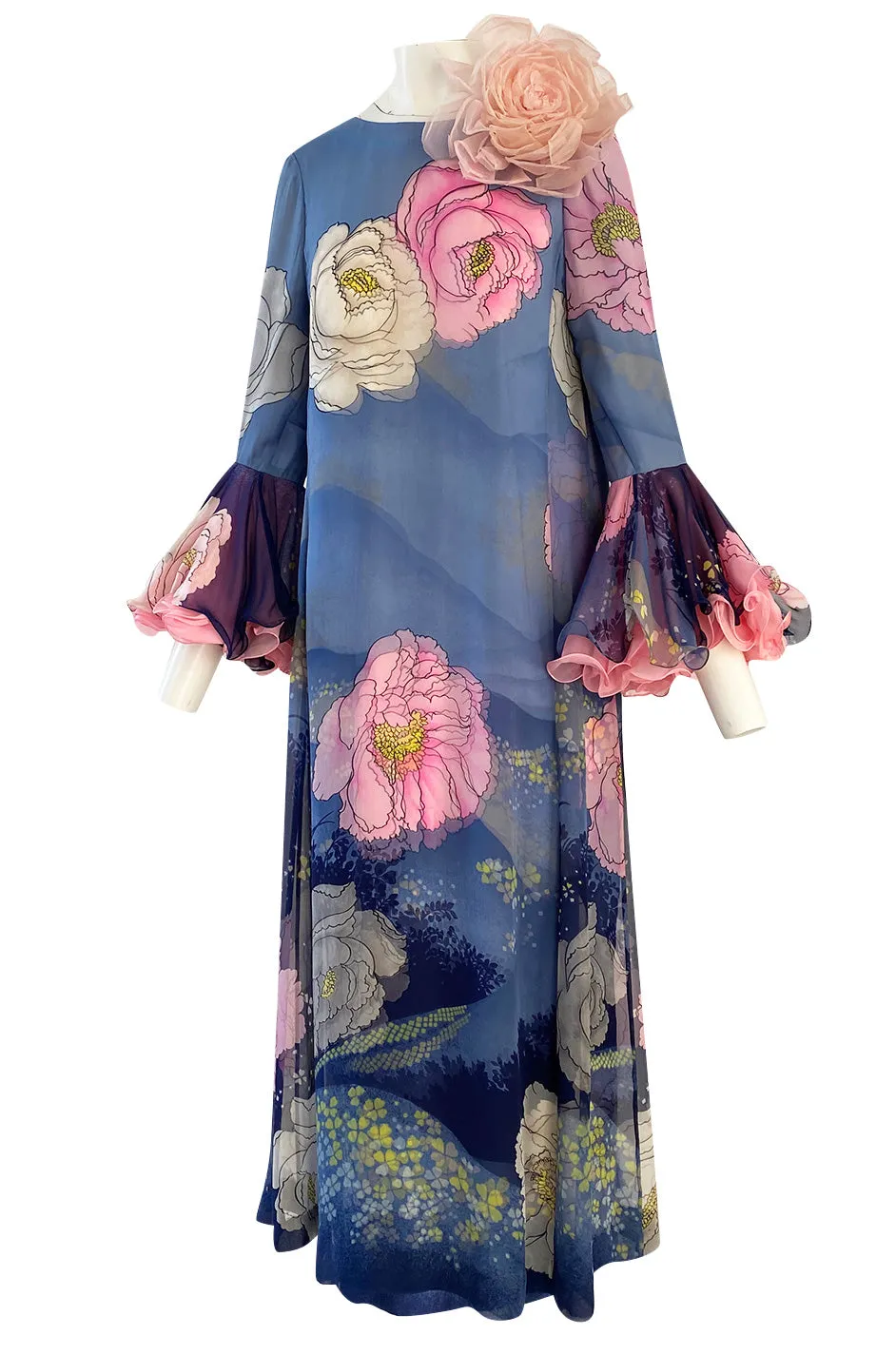 Incredible 1970s Hanae Mori Flower Print Dress w Original Flower Pin & Stunning Sleeves