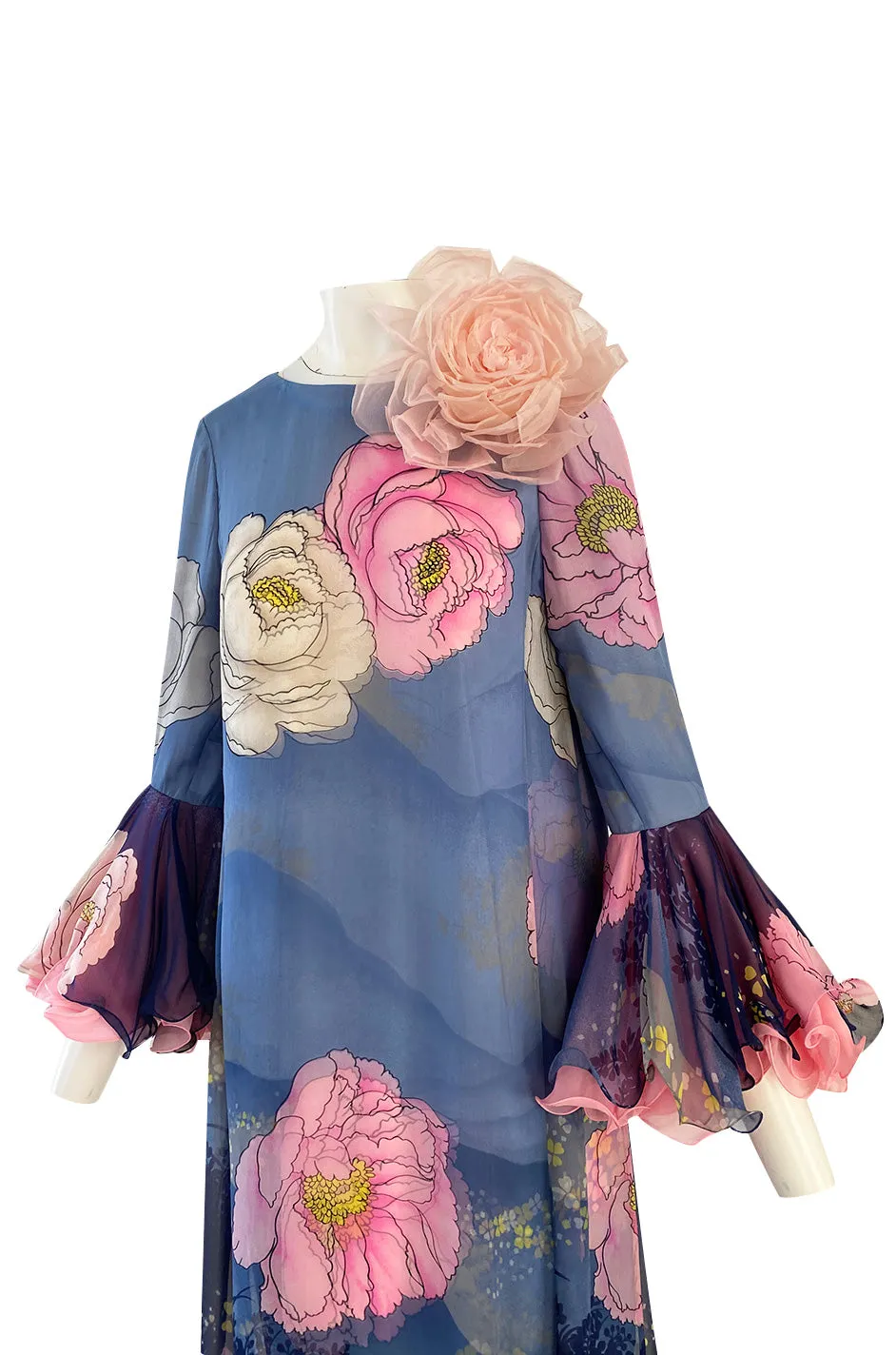 Incredible 1970s Hanae Mori Flower Print Dress w Original Flower Pin & Stunning Sleeves
