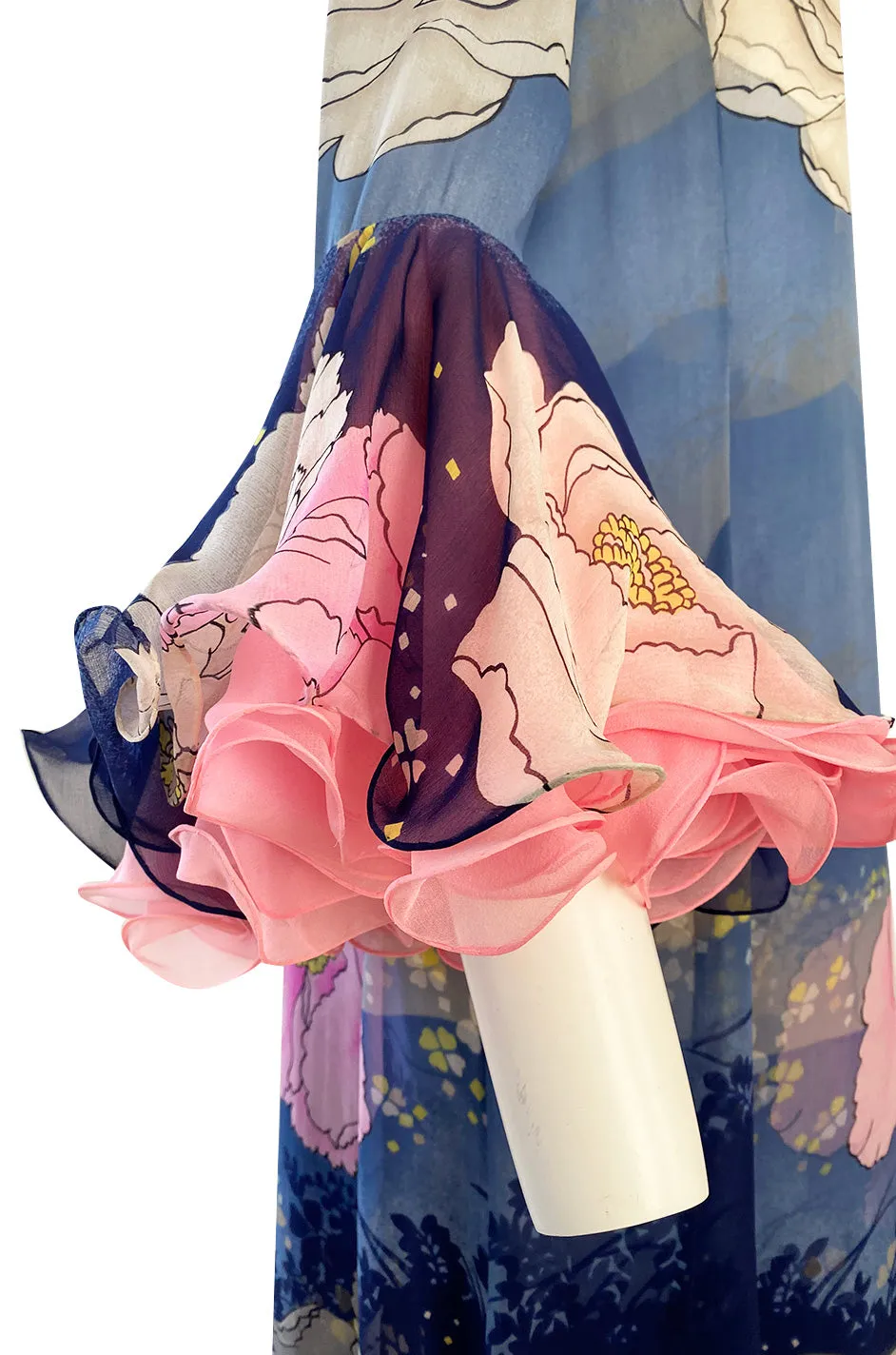 Incredible 1970s Hanae Mori Flower Print Dress w Original Flower Pin & Stunning Sleeves