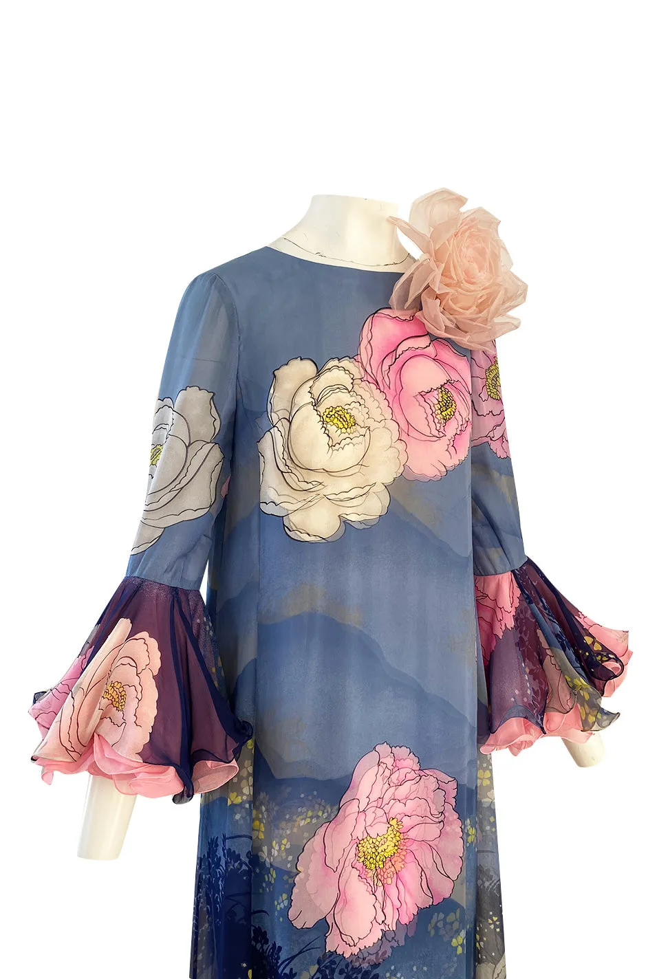 Incredible 1970s Hanae Mori Flower Print Dress w Original Flower Pin & Stunning Sleeves