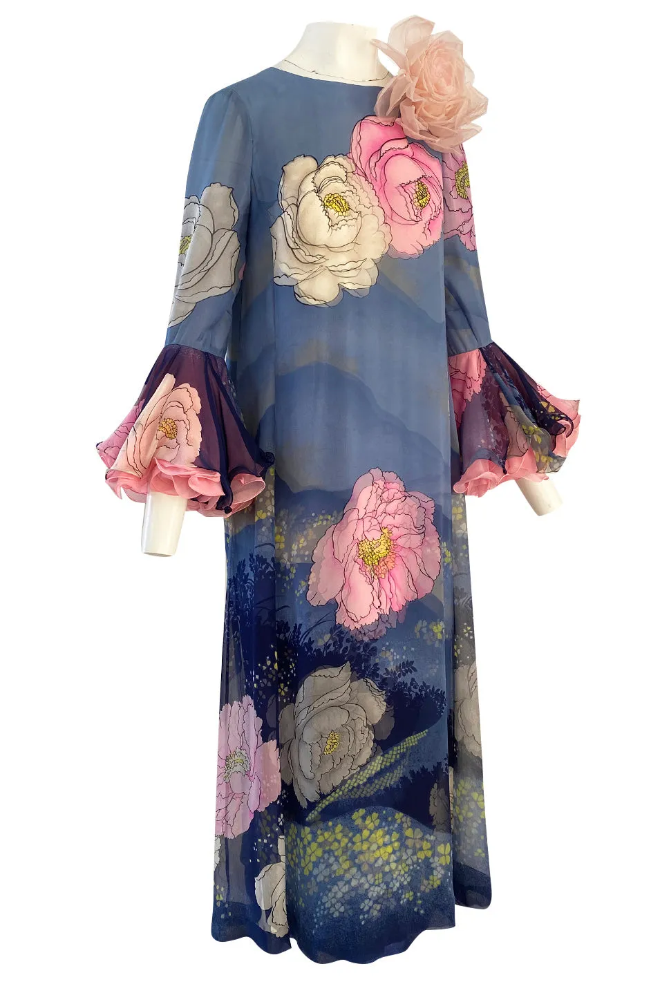 Incredible 1970s Hanae Mori Flower Print Dress w Original Flower Pin & Stunning Sleeves