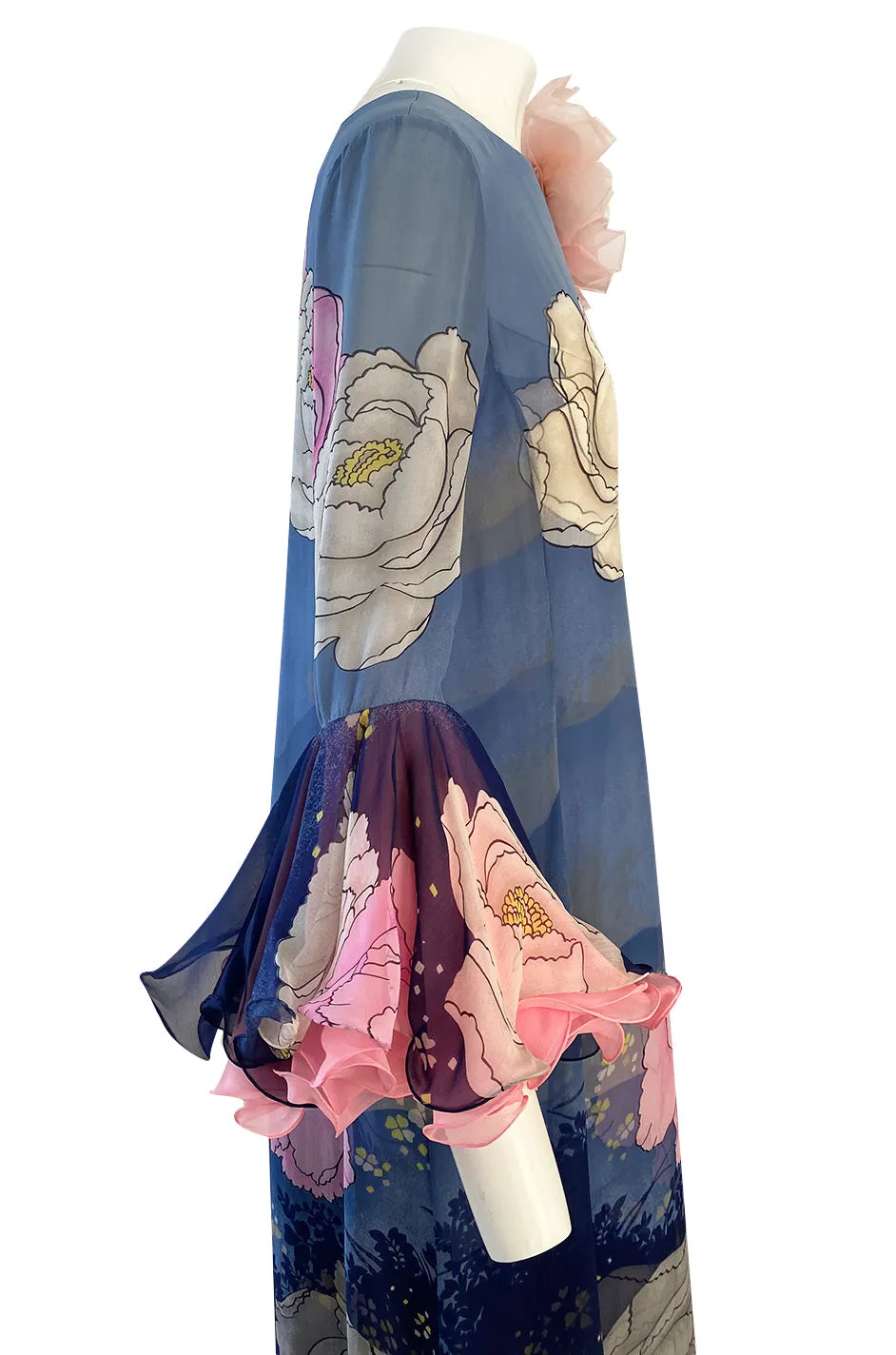 Incredible 1970s Hanae Mori Flower Print Dress w Original Flower Pin & Stunning Sleeves