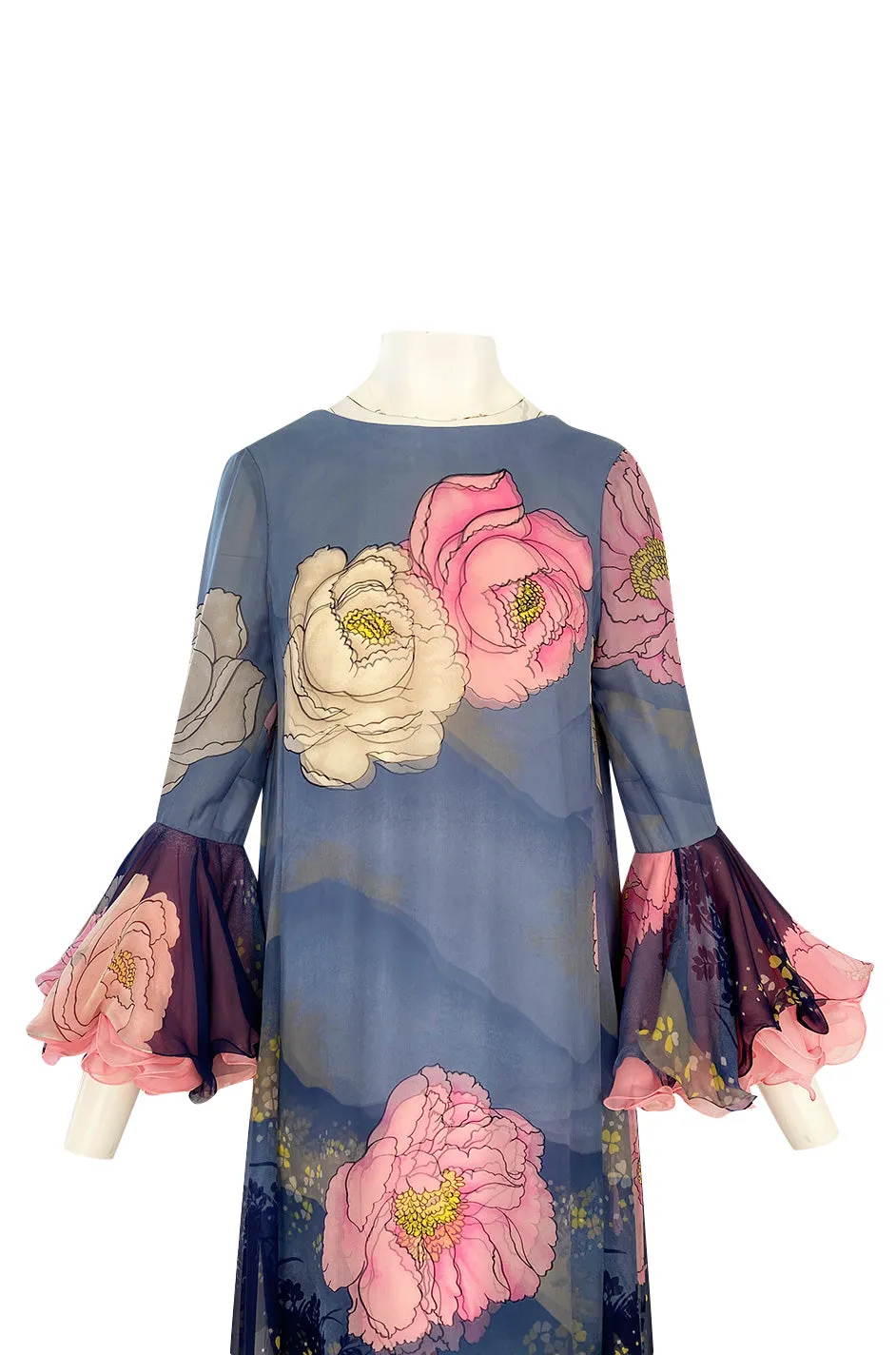 Incredible 1970s Hanae Mori Flower Print Dress w Original Flower Pin & Stunning Sleeves