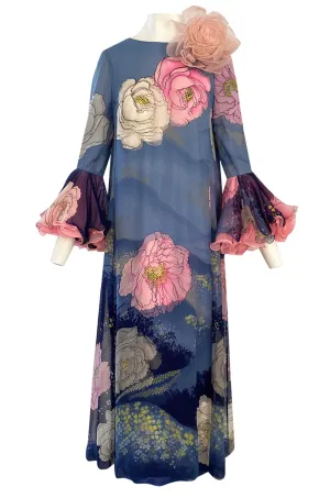Incredible 1970s Hanae Mori Flower Print Dress w Original Flower Pin & Stunning Sleeves