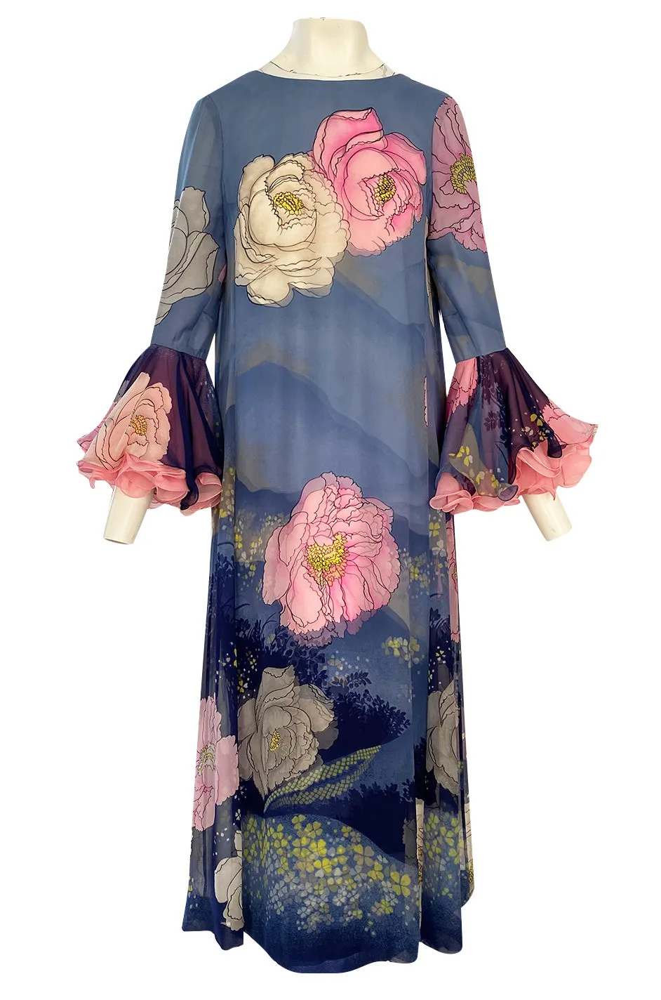 Incredible 1970s Hanae Mori Flower Print Dress w Original Flower Pin & Stunning Sleeves