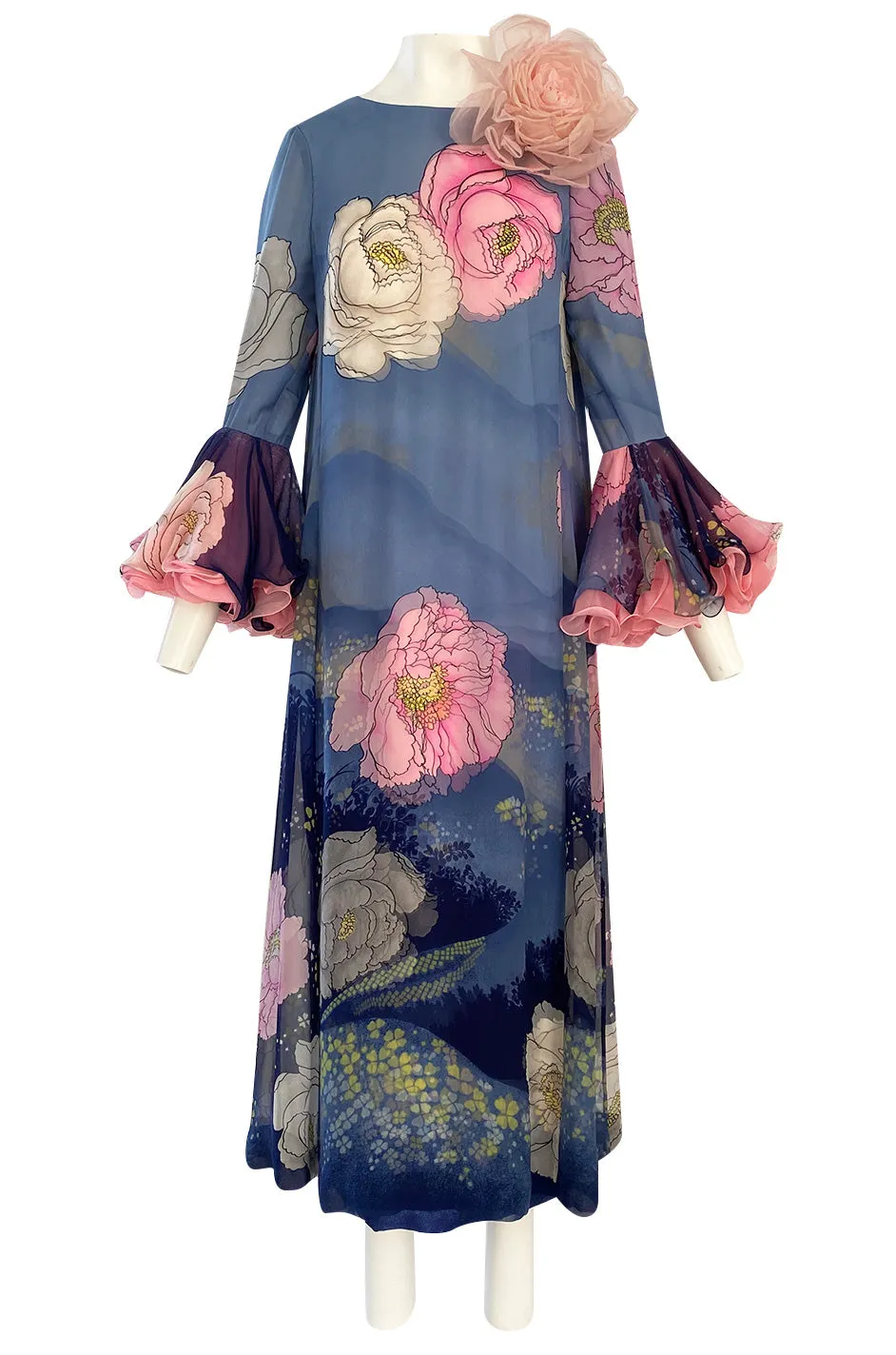 Incredible 1970s Hanae Mori Flower Print Dress w Original Flower Pin & Stunning Sleeves