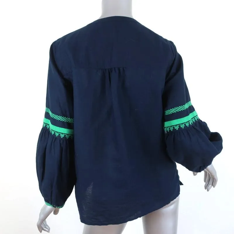 J.Crew Top Navy Embroidered Linen-Cotton Size 6 Long Sleeve Blouse