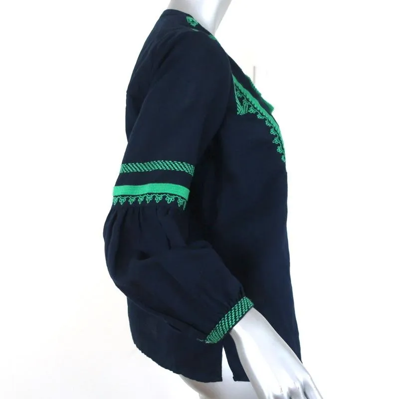 J.Crew Top Navy Embroidered Linen-Cotton Size 6 Long Sleeve Blouse