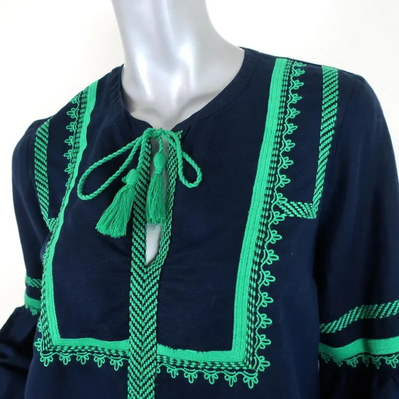 J.Crew Top Navy Embroidered Linen-Cotton Size 6 Long Sleeve Blouse